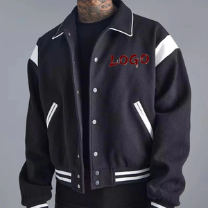 Chaqueta Varsity para Hombre, Color Negro con Bloques de Color, Cuello de Solapa de Lana, Estilo Béisbol, Casual, Cierre de Botón, Ropa de Abrigo para Otoño - Product Image 4