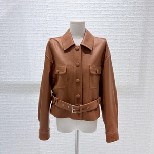 <b>Women's</b> PU Leather Motorcycle <b>Jacket</b> Turn-down Collar Full Sleeve Regular Length <b>Utility</b> Style Autumn Wear Knitted Waterproof - Product Image 3