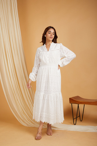 Custom Summer White Eyelet Embroidered Midi <b>Dress</b> V-Neck Puff Sleeve Smocked Waist Tiered Hem Cotton Boho Casual <b>Dress</b> For Women - Product Image 5