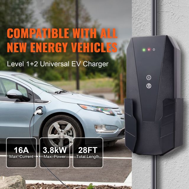 Level 1+2 Portable EV Charger with 28-Foot Charging Cable 16 Amp 120V 240V Electric Vehicle Charger NEMA 6-20P Plug NEMA 5 Plug