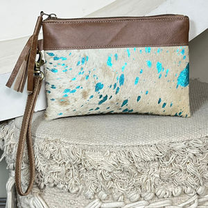 New Boho Metallic Genuine Cowhide Leather Wristlet <b>Purse</b> for Women Hair-on Hide Zipper Clutch Wallet Cards & Cash Organizer - Product Image 5