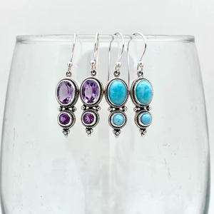 Boucles d'oreilles Bali en argent sterling avec double pierre améthyste et larimar, bijoux artisanaux en pierres précieuses, cadeau élégant pour femme, vente en gros - Product Image 1