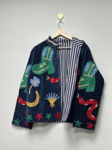Veste bomber courte unisexe en velours brodé Suzani, faite à la main, tricotée, style bohème, hiver, avec motif floral, doublure en coton - Vente en gros - Product Image 6