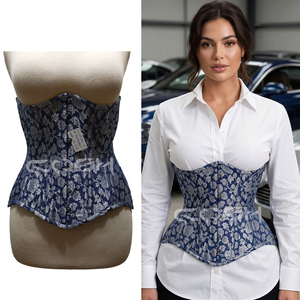 <b>Underbust</b> Steelboned Waist Training And Fashion Wear Blue Floral Brocade Corset With Busk Closure - Product Image 5