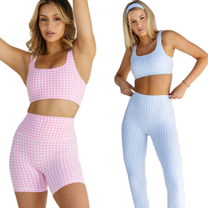 Pink And Blue 2 Piece Yoga Set Square Neck Racerback <b>Crop</b> <b>Top</b> High Waist Shorts Leggings Spandex Polyester Breathable - Product Image 2