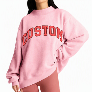 Custom Pink Womens Drop Shoulder Oversized Mock Neck Fleece Sweatshirt Cozy Casual Pullover Wholesale USA <b>UK</b> Europe Boutiques - Product Image 1