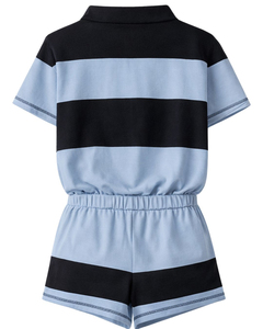 Conjunto Deportivo Casual de Verano para Mujer, Dos Piezas, Estilo Romper de Manga Corta con Cierre de Cremallera, Color Negro y Azul Cielo - Product Image 5