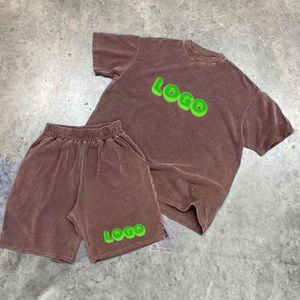 เสื้อยืดคอตตอนย้อมสีแบบแอซิดวอชปักโลโก้ OEM ตามสั่ง กางเกงขาสั้นเฟรนช์เทอร์รี่ ชุดเซ็ต 2 ชิ้นสำหรับผู้หญิง สตรีทแวร์ ชุดวอร์มขาสั้น ยูนิเซ็กซ์ - Product Image 2