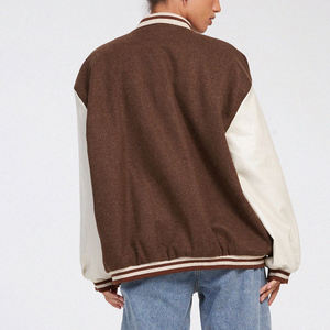 Brown Varsity <b>Jacket</b> With <b>White</b> Sleeves And Embroidered M Logo Preppy Style Regular Fit Turn-down Collar Single Breasted - Product Image 6