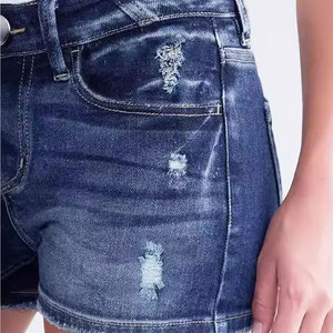 Shorts en jean taille haute déchirés pour femme, fermeture boutonnée, motif uni, tenue décontractée, 100 % coton respirant, coupe classique - Product Image 6