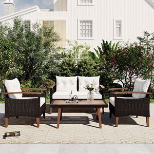 Juego de Muebles de Jardín de 4 Piezas en Ratán Sintético Marrón y Beige con Mesa de Madera y Patas de Madera, Juego de Sofás para Exteriores - Product Image 1