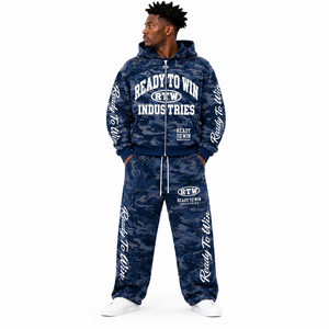 Conjunto Deportivo Azul Camuflaje Ready To Win Industries, Sudadera con Cremallera Completa y Pantalones Deportivos, Ropa Urbana Unisex para Otoño - Product Image 6