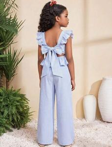 Combinaison à jambes larges pour filles, bleue à rayures, avec manches à volants et nœud au dos - Product Image 3