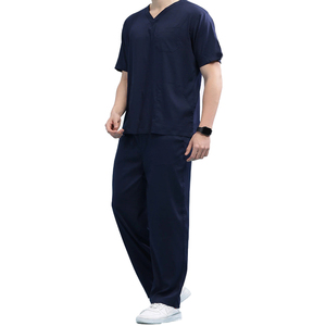 Men's Navy Blue Scrub Set V-Neck <b>Top</b> Pants Hospital Uniform Cotton Polyester Woven Fabric Needle Detection Ready Stock - Product Image 1