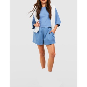 2026 New Arrival Women's Blue Cotton Shorts Set Crew Neck Loose Fit Casual Summer Wear Side Pockets <b>Elastic</b> Waist Solid Color - Product Image 5