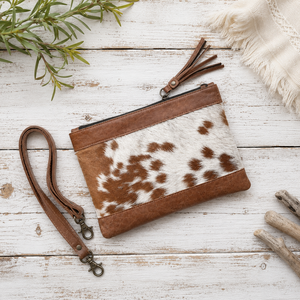 Cowhide Leather Clutch Pouch Brown White Hairon <b>Wristlet</b> Bag With Tassel Zipper Travel Wallet Purse Crossbody Strap - Product Image 3