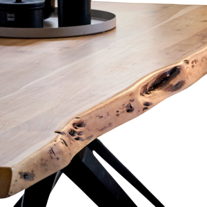 Mesa de Comedor de Madera de Acacia Sólida con Borde Natural, Forma Rectangular, Acabado Natural, Patas Metálicas Plegables, Duradera y Ecológica - Product Image 6
