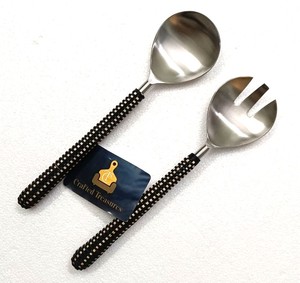 Ensemble de cuillères et fourchettes à salade en acier inoxydable de style minimaliste avec manche en rotin tressé, ustensiles de cuisine et décoration pour la maison - Product Image 1