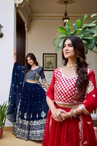 Conjunto de Lehenga Choli bordado en azul marino y rojo, estilo tradicional indio-pakistaní para mujer, largo hasta el suelo, para bodas. - Product Image 5