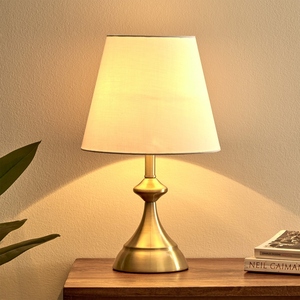 Mid Century design Gold <b>Table</b> Lamp Modern Brushed Brass <b>Bedside</b> Light Trumpet Metal Base Fabric Shade Bedroom Nightstand Decor - Product Image 2