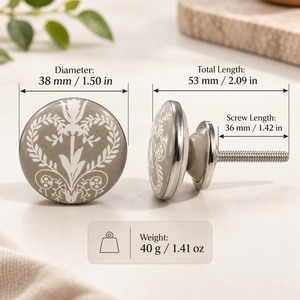SHUBHAM Perilla Redonda Vintage con Diseño Floral, Tirador Decorativo Gris Blanco para Cajones con Borde Metálico para Cómodas y Armarios - Product Image 6