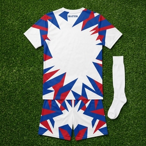 Ensemble d'uniformes de football blancs personnalisés, maillot de football géométrique rouge et bleu, shorts, chaussettes, vêtements de sport d'équipe - Product Image 6