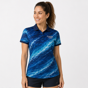 Polo à manches courtes pour femme avec logo personnalisé, texture bleu océan, séchage rapide, sublimation, vêtements de sport de golf - Product Image 1