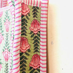 Pink <b>Rose</b> Quilted Cotton Tote Bag with Striped Handles Open <b>Top</b> Fashion Shopping Bag Shoulder Strap Open Closure - Product Image 3