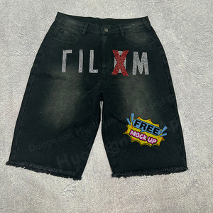 Shorts en jean personnalisés avec logo brodé pour homme – Coupe bootcut, ourlet brut, taille mi-haute, séchage rapide, style vintage – Idéal pour l'hiver et les loisirs - Product Image 1