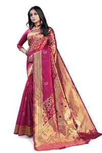 Sari en soie rose avec broderie dorée pour femmes, Inde, Pakistan, tenue de mariage traditionnelle, sari coupe classique, longueur au sol. - Product Image 5
