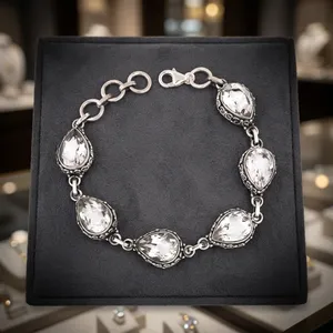 Healing Clear Crystal Quartz <b>Solid</b> 925 <b>Silver</b> Intricate Design Gorgeous <b>Bracelet</b> Bezel Set Women's Jewelry Everyday Wear - Product Image 4