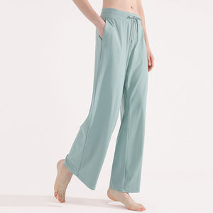 Women Wide Leg <b>Pants</b> Solid Color Drawstring Waist Loose Fit Full Length Cotton Spandex Casual <b>Summer</b> <b>Pants</b> - Product Image 5