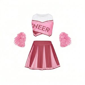 Ensemble d'uniformes de cheerleading avec pompons, jupe rayée verte et haut court pour adultes - Product Image 2