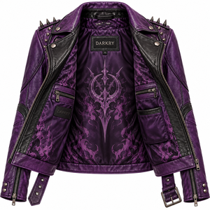 Veste en cuir violette pour femme, style motard, avec imprimé graphique 'Horned Queen', ceinturée, col à revers, cloutée et à pointes, Offre d'usine - Product Image 5