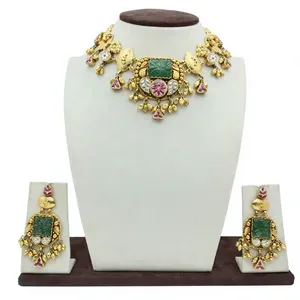 Elegant Traditional Gold Tone Necklace Set with Green <b>Stone</b> Pendant Pink Crystal Details and Matching Earrings Ethnic - Product Image 3