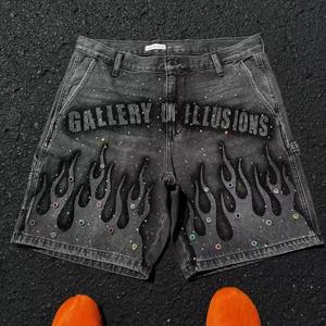 Shorts en jean tricoté Bermuda personnalisés OEM/ODM pour hommes, taille mi-haute vintage, effet vieilli, délavé à l'acide, avec strass - Product Image 6