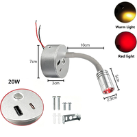 Lampe de lecture flexible tricolore 12V 24V noire avec interrupteur tactile, intensité réglable, USB-A + Type C, lampe de cartographie à col de cygne