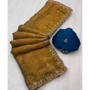 Fête porter broderie et Moti perles travail à la main Saree robes de bal élégantes - Product Image 1