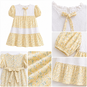 ชุดเดรสเด็กผู้หญิงสีเหลืองลายดอกไม้แบบมีชั้นพร้อมแขนพอง |   ชุดลำลองสวยหรู - Product Image 5