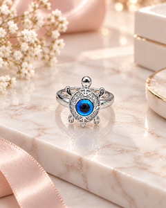 Anillo Ojo Turco de Plata 925 con Baño de Rodio, Engaste Pavé, Cristal Azul Central, Diseño Geométrico, Moderno, Unisex, para Uso Diario - Product Image 4