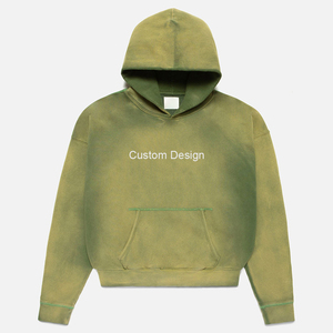 Sudadera con capucha unisex 100% algodón con parche de letras bordado, pedrería y cremallera, efecto lavado ácido - Product Image 1