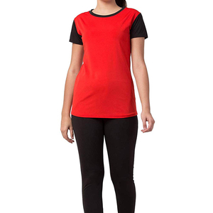 T-shirt à manches courtes pour femme, col rond, coloris rouge et noir, coupe classique, tissu jersey décontracté, toutes saisons, t-shirts en coton pour femmes - Product Image 3