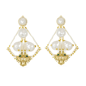 Drop Pearl Jhumka Earrings with Golden Beads for Wedding and Party - Product Image 3