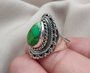 925 Sterling Silver Green Copper <b>Turquoise</b> Pear <b>Ring</b> With Gold Plating Options Handmade Gemstone Jewelry Wholesale Custom - Product Image 6