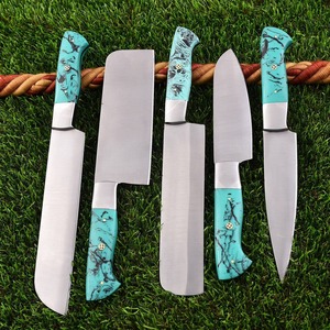 Custom Handmade Five-Piece Chef <b>Set</b> D2 Steel And Resin (5pieces)s Steel Blades Ambidextrous <b>Sharp</b> Durable Wooden Handle Leather - Product Image 1