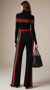 Women's Black Turtleneck Tracksuit Set <b>With</b> Red Green Striped <b>Wide</b> <b>Leg</b> Pants - Product Image 2