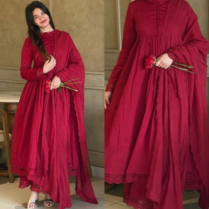 Último Diseño en Algodón.M, Kurta/Kurti de Fiesta para Mujer, Bordado Intenso, Seda Romana Pura, Vestido Largo hasta el Suelo, Dupatta - Product Image 2