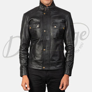Veste de terrain en cuir noir pour homme, coupe ajustée, en véritable peau de mouton, manteau d'hiver multi-poches, col à boucle, vêtement d'extérieur décontracté et utilitaire - Product Image 6