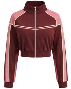 Chaqueta Deportiva Corta para Mujer, Color Rosa Granate, con Cierre, para Gimnasio, Fitness, Ropa Deportiva Activa, con Rayas en Contraste, Fabricante de Chaquetas de Entrenamiento - Product Image 1
