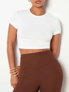 Sporty Slim Fit <b>White</b> Baby <b>Tee</b> Nylon Spandex Women's Shirts Cropped High Elasticity Breathable Yoga Top Activewear Summer Blouse - Product Image 3